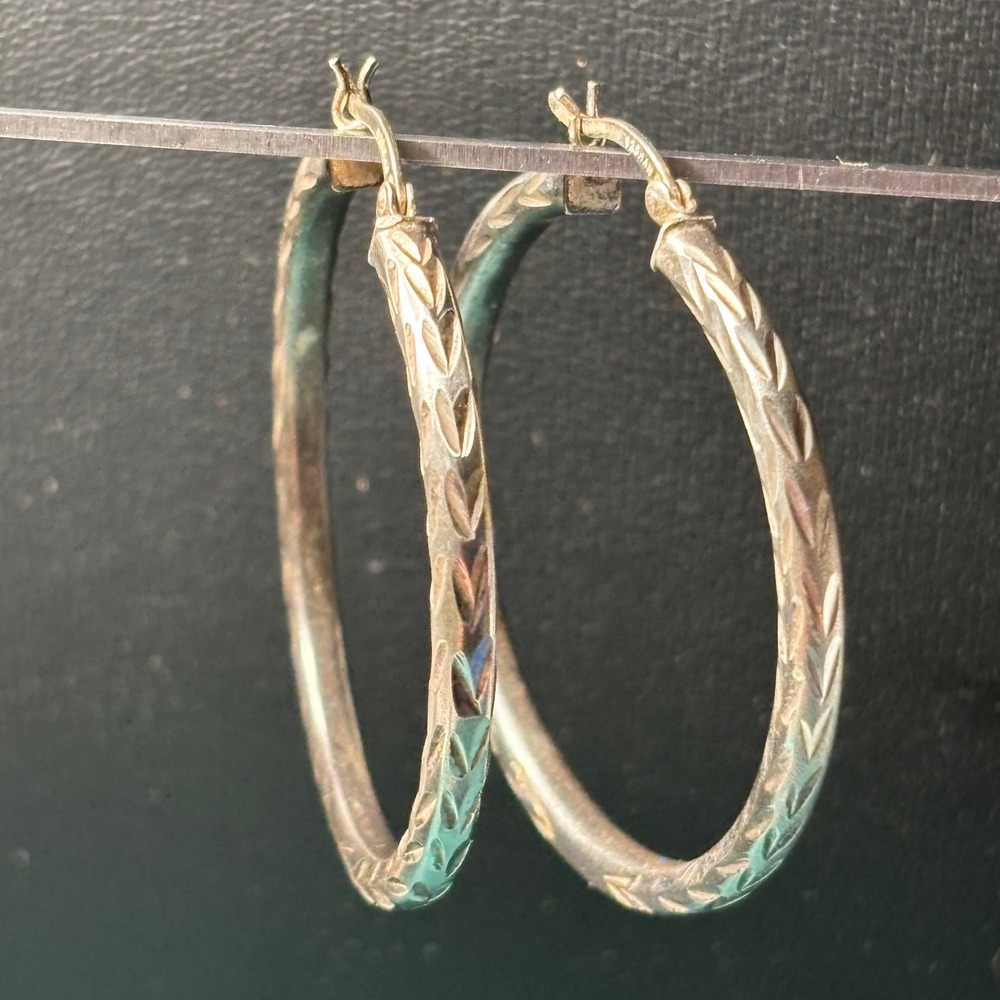 Hoop Earrings Silver 925 Sterling Diamond Cut Wheat Pattern Latch Back 1 5-8"